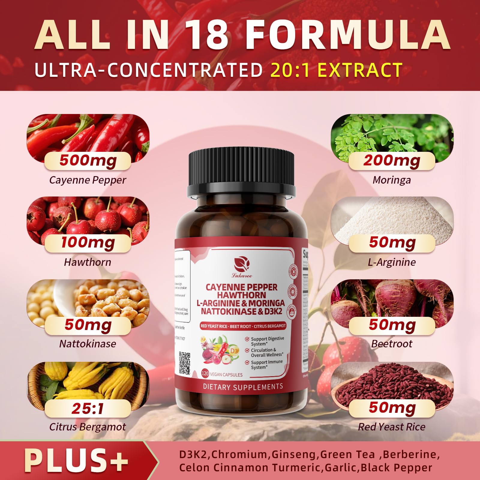 Lukaree Cayenne Pepper high potency 20 to 1 extract capsules for heart health nutrition