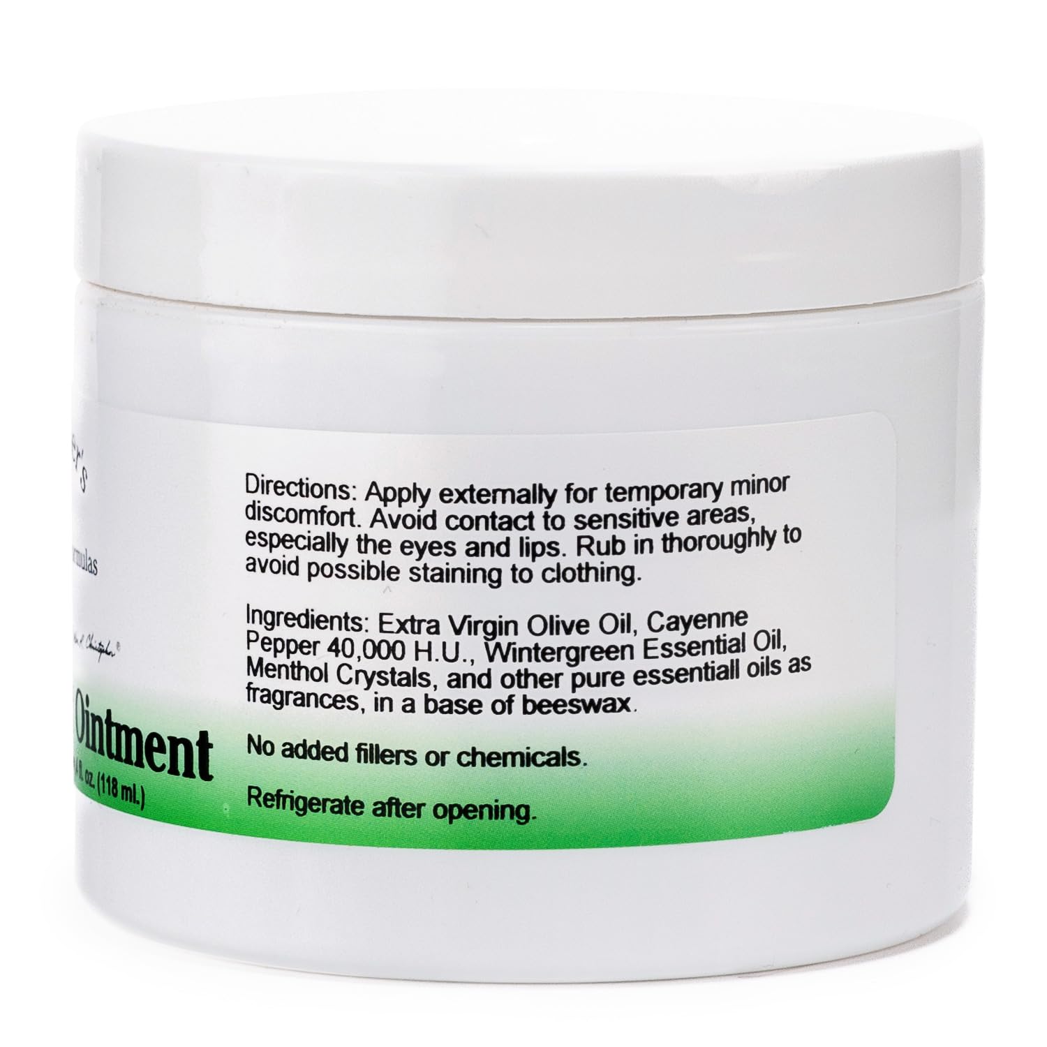 Warming herbal topical ointment container showing the back label with ingredients and usage instructions.