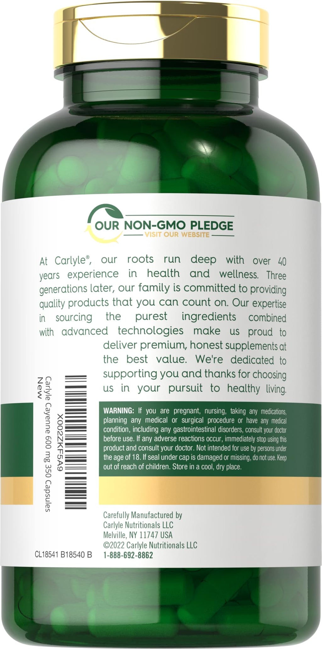 Carlyle non GMO gluten free cayenne pepper capsules bottle side directions