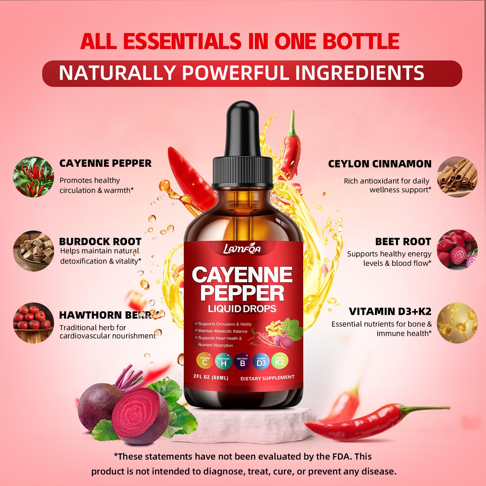 LAMFQA Cayenne Pepper supplement showing the herbal blend ingredients with turmeric and beetroot