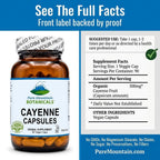 Pure Mountain Botanicals cayenne pepper supplement label showing ingredient facts and kosher certifications