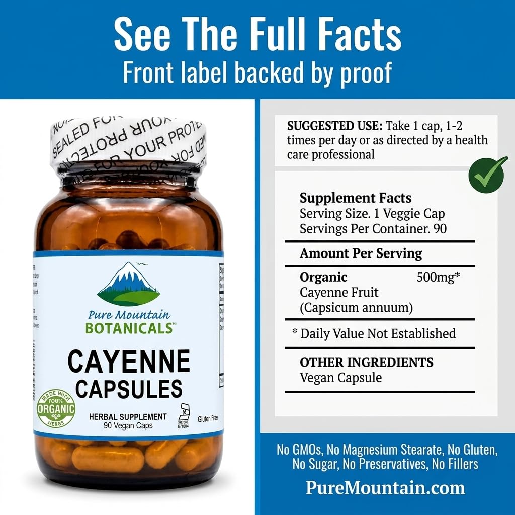 Pure Mountain Botanicals cayenne pepper supplement label showing ingredient facts and kosher certifications