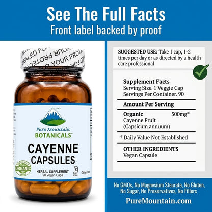Pure Mountain Botanicals cayenne pepper supplement label showing ingredient facts and kosher certifications