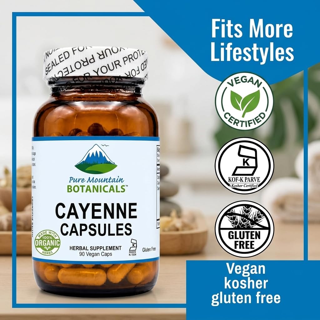 Side angle view of the ninety vegetarian capsule bottle of organic cayenne pepper powder