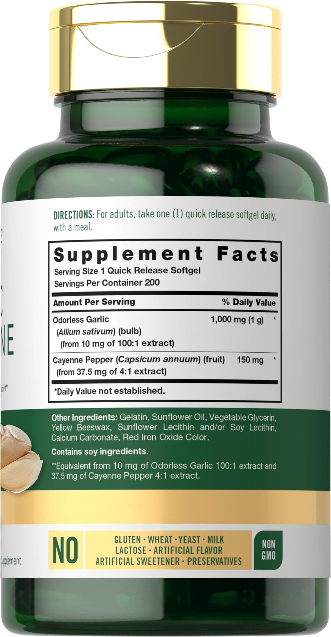 Carlyle Odorless Garlic and Cayenne 1150mg supplement facts panel and clean ingredients label