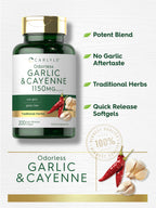 Non GMO and gluten free certification labels on Carlyle odorless garlic and cayenne bottle side