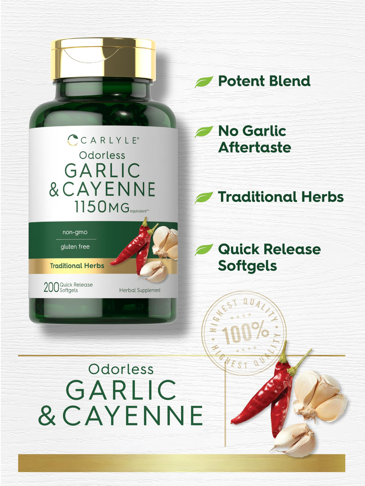 Non GMO and gluten free certification labels on Carlyle odorless garlic and cayenne bottle side