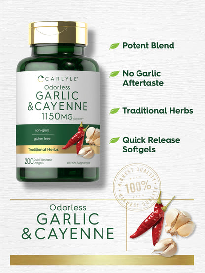 Non GMO and gluten free certification labels on Carlyle odorless garlic and cayenne bottle side