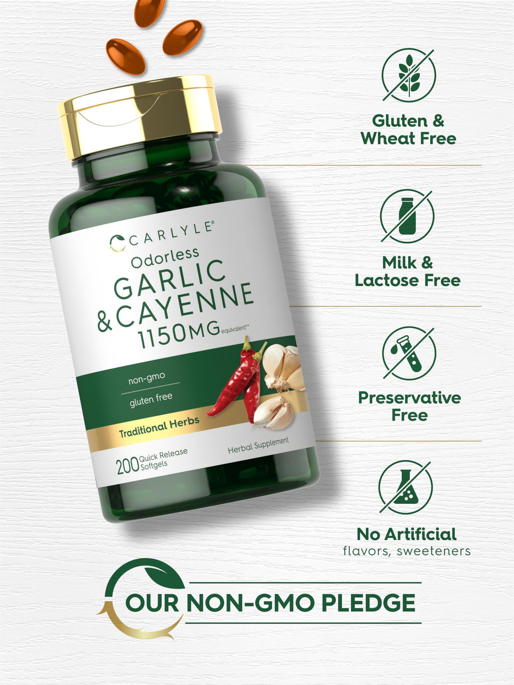 Close up of Carlyle odorless garlic and cayenne packaging highlighting the traditional herbal extract formula