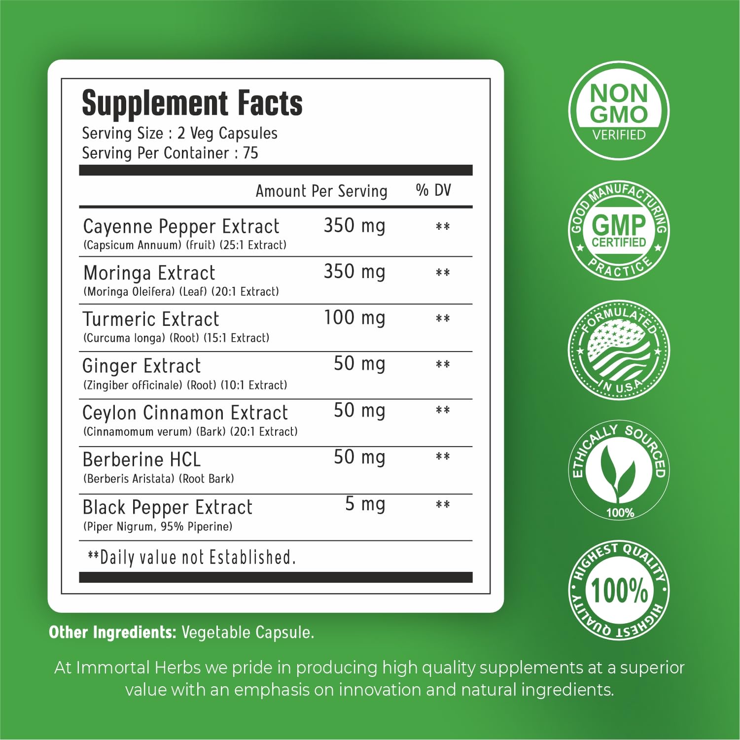 Immortal Herbs berberine and moringa gut health supplement back label showing clear ingredient details.