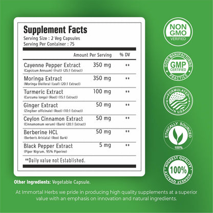 Immortal Herbs berberine and moringa gut health supplement back label showing clear ingredient details.