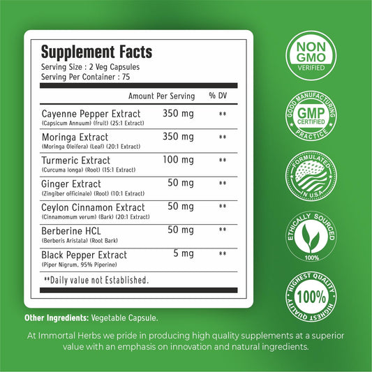 Immortal Herbs berberine and moringa gut health supplement back label showing clear ingredient details.