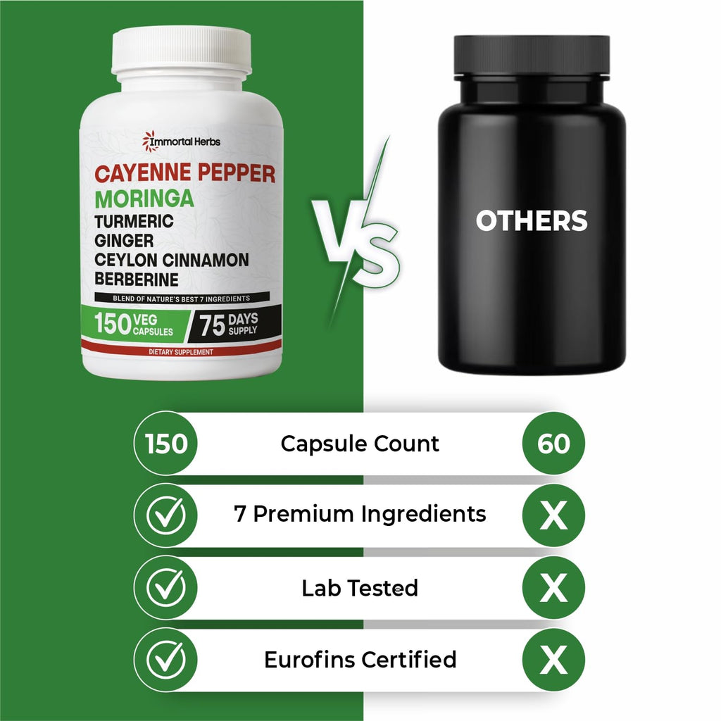 Immortal Herbs non-GMO and vegan cayenne pepper moringa supplement highlighting the seventy-five day supply.