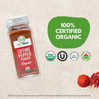 Premium organic cayenne pepper powder showing the clean-label ingredient details.