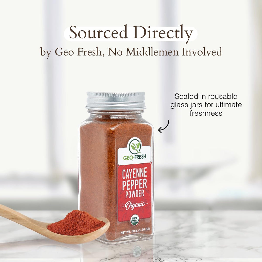 Steam sterilized organic cayenne chili powder jar for healthy cooking.