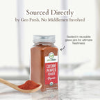 Steam sterilized organic cayenne chili powder jar for healthy cooking.