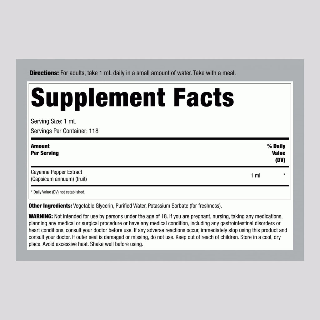 Piping Rock Cayenne Pepper Liquid Tincture four fluid ounces ingredient facts label