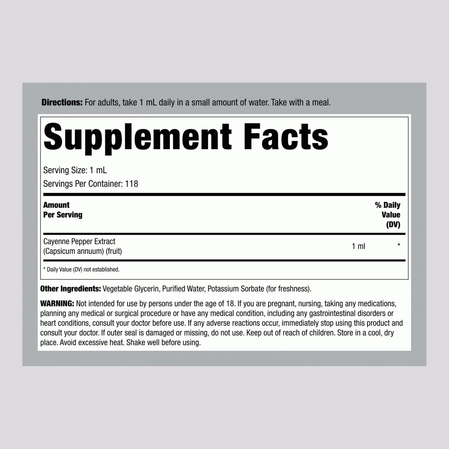 Piping Rock Cayenne Pepper Liquid Tincture four fluid ounces ingredient facts label