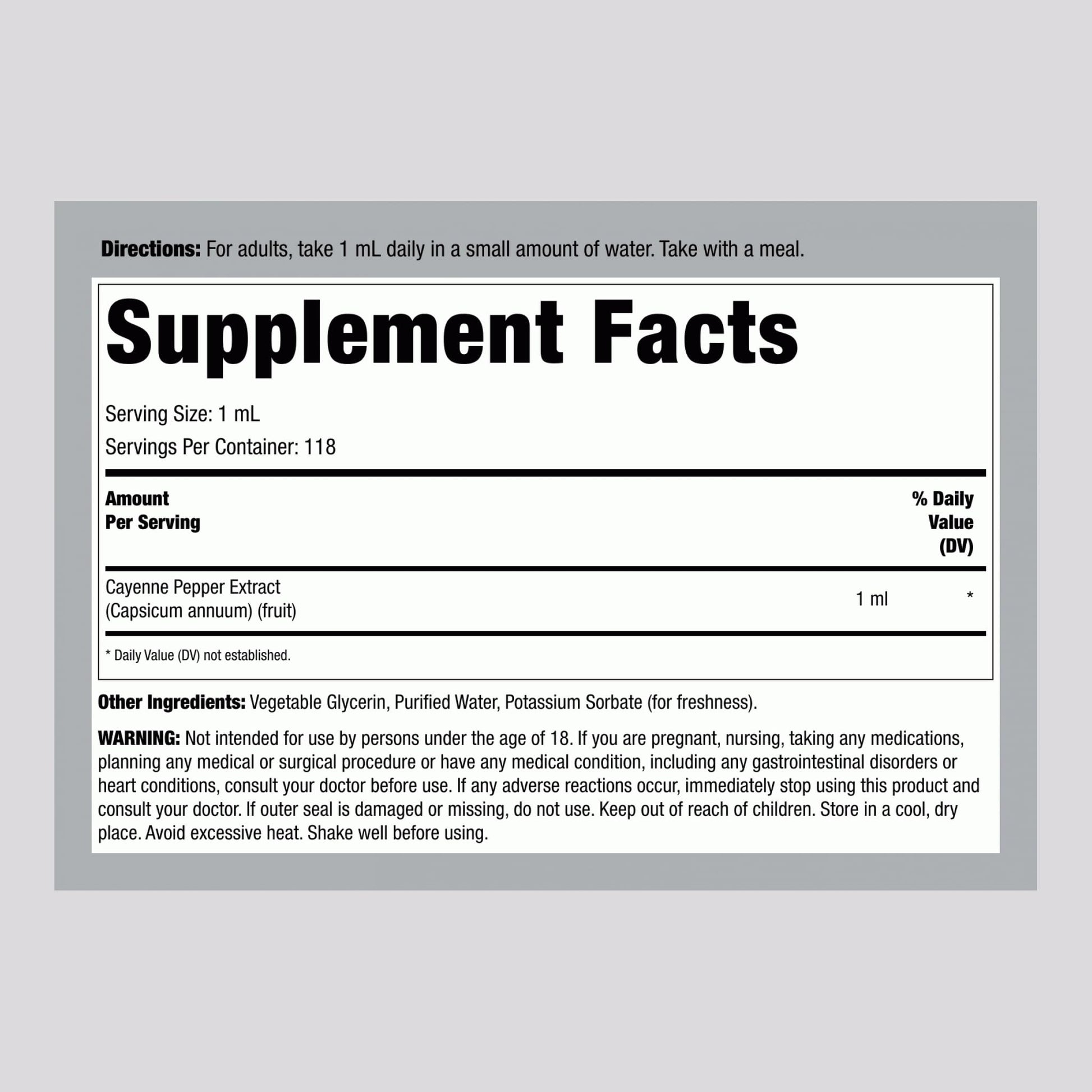 Piping Rock Cayenne Pepper Liquid Tincture four fluid ounces ingredient facts label