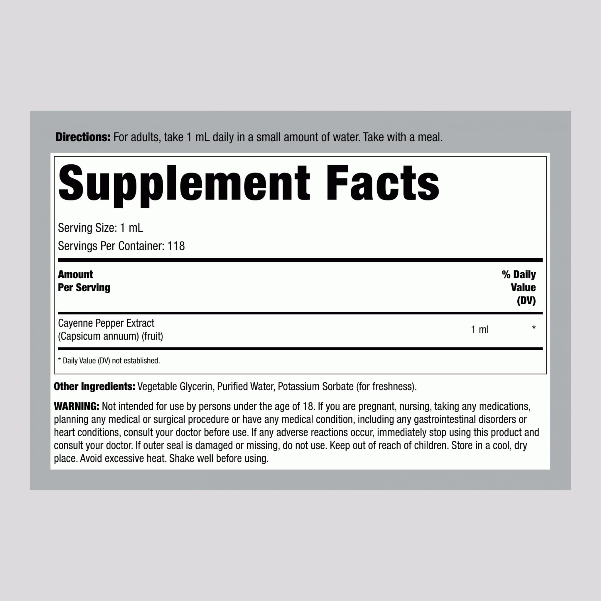 Piping Rock Cayenne Pepper Liquid Tincture four fluid ounces ingredient facts label