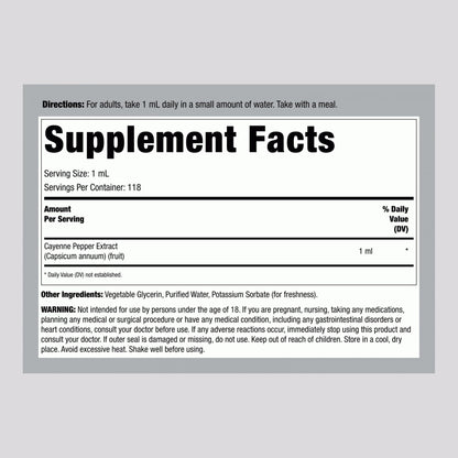 Piping Rock Cayenne Pepper Liquid Tincture four fluid ounces ingredient facts label
