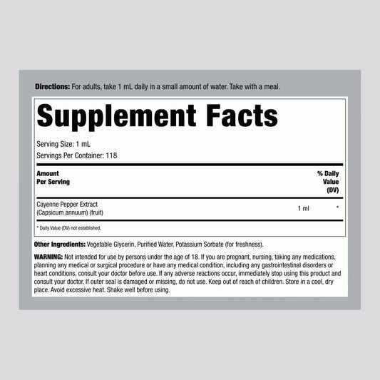 Piping Rock Cayenne Pepper Liquid Tincture four fluid ounces ingredient facts label