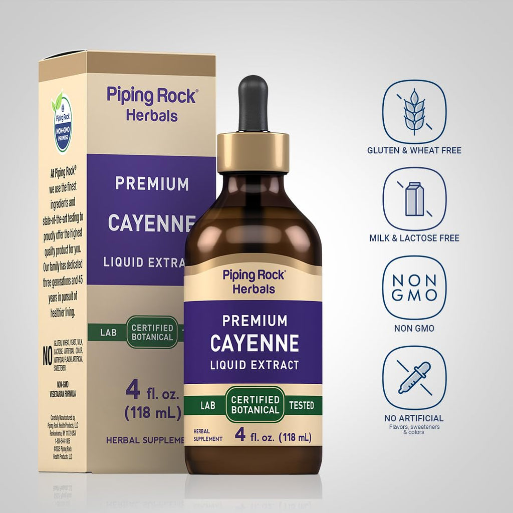 Piping Rock Cayenne Pepper Extract dropper application and vegetarian supplement details