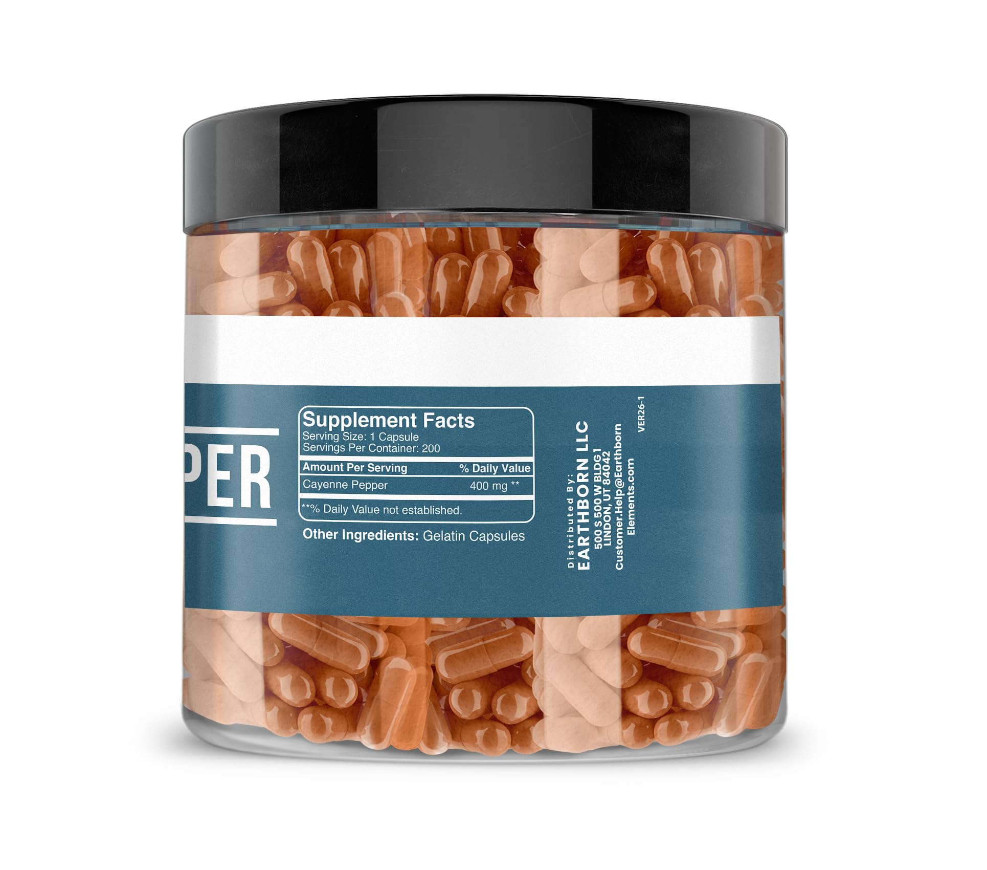 Pure undiluted cayenne pepper dietary supplement side label details.