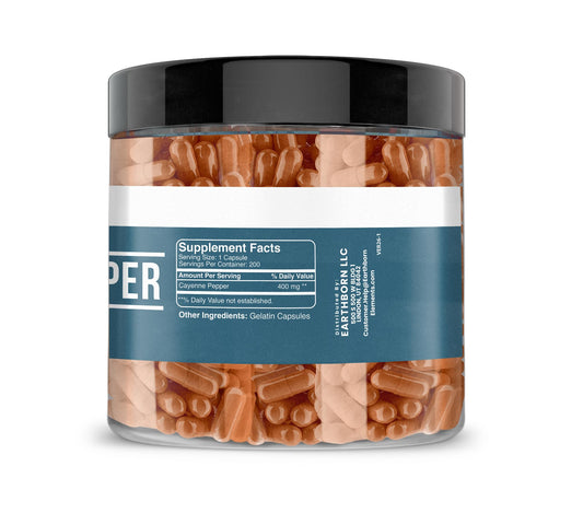 Pure undiluted cayenne pepper dietary supplement side label details.