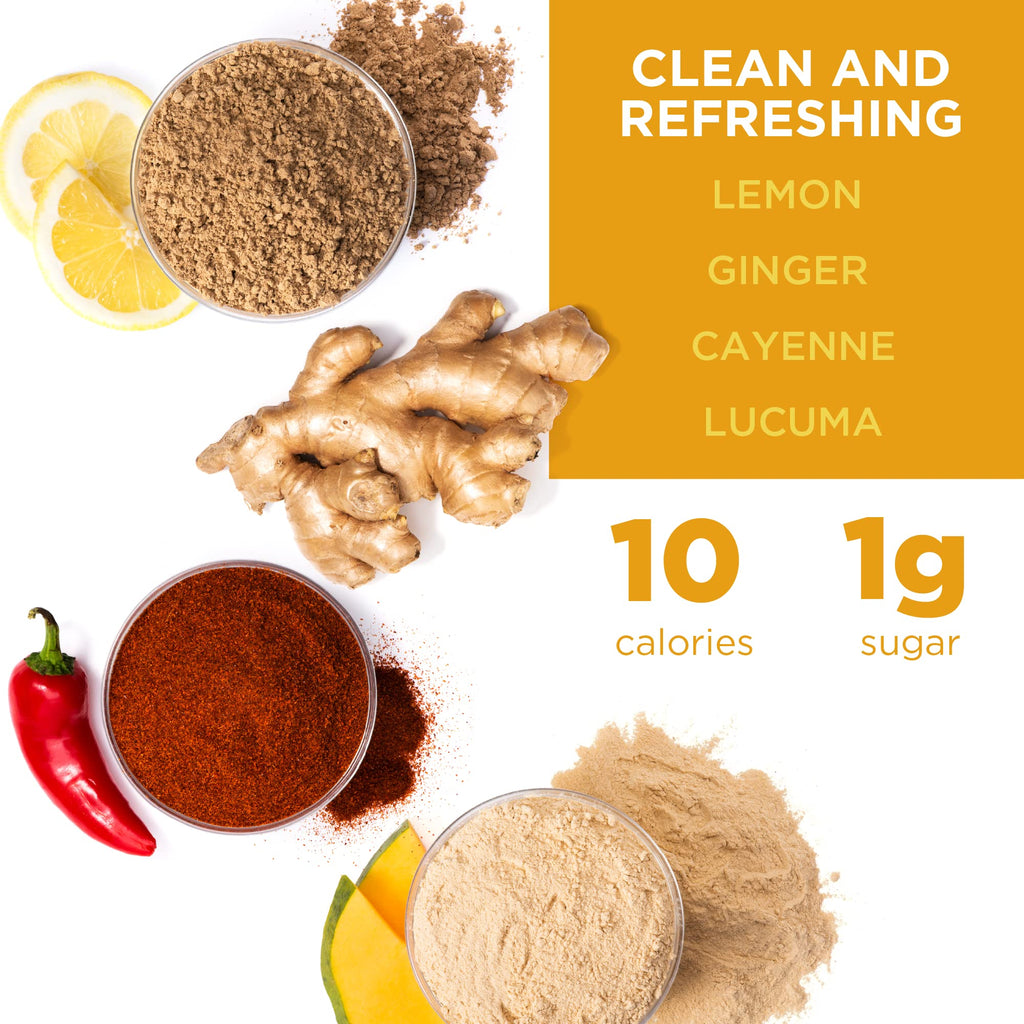 Laird Superfood activate daily jumpstart lifestyle shot with prepared lemon ginger drink.