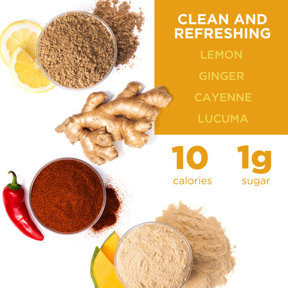 Laird Superfood activate daily jumpstart lifestyle shot with prepared lemon ginger drink.