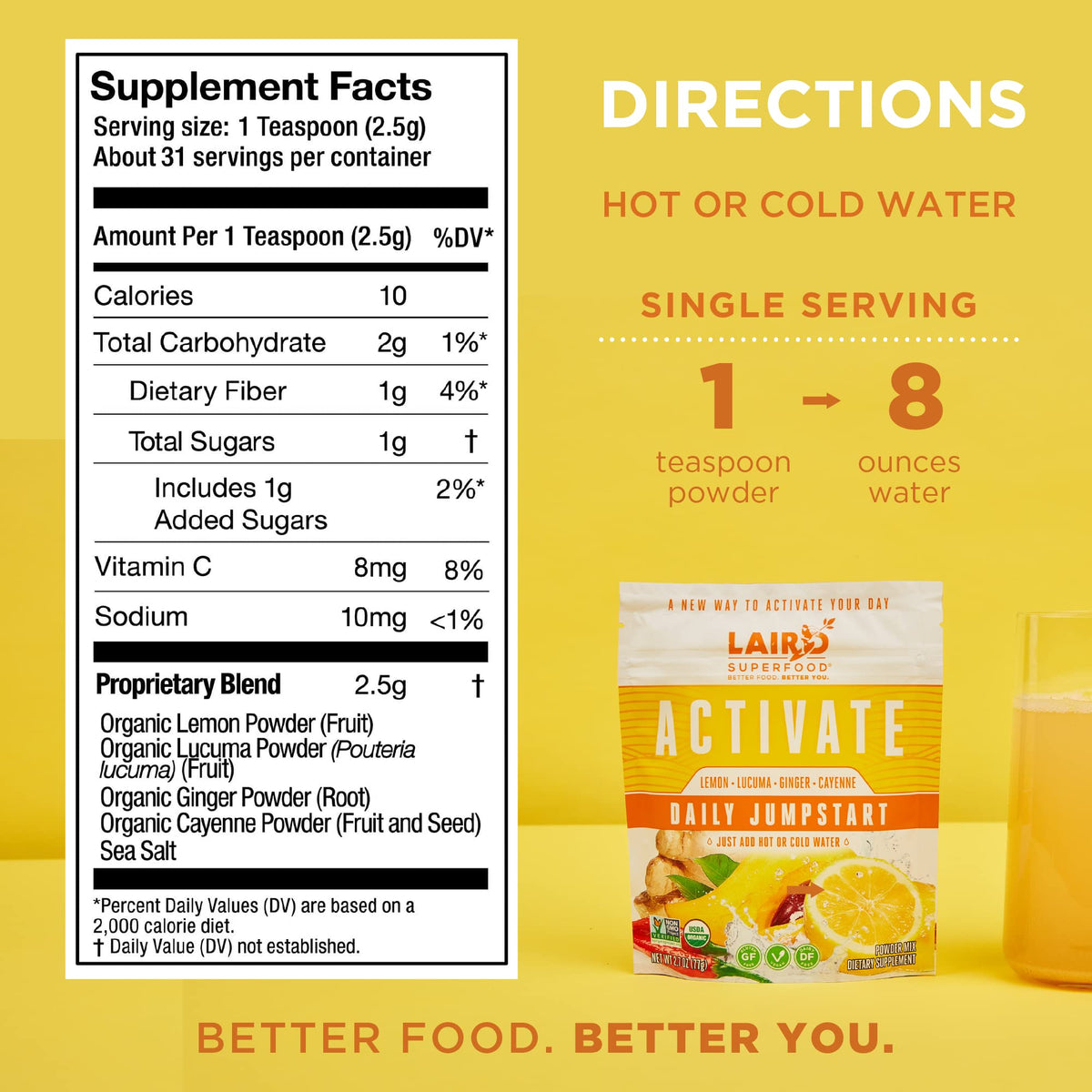 Laird Superfood 2.7 ounce bag showcasing clean plant based hydration mix ingredients.