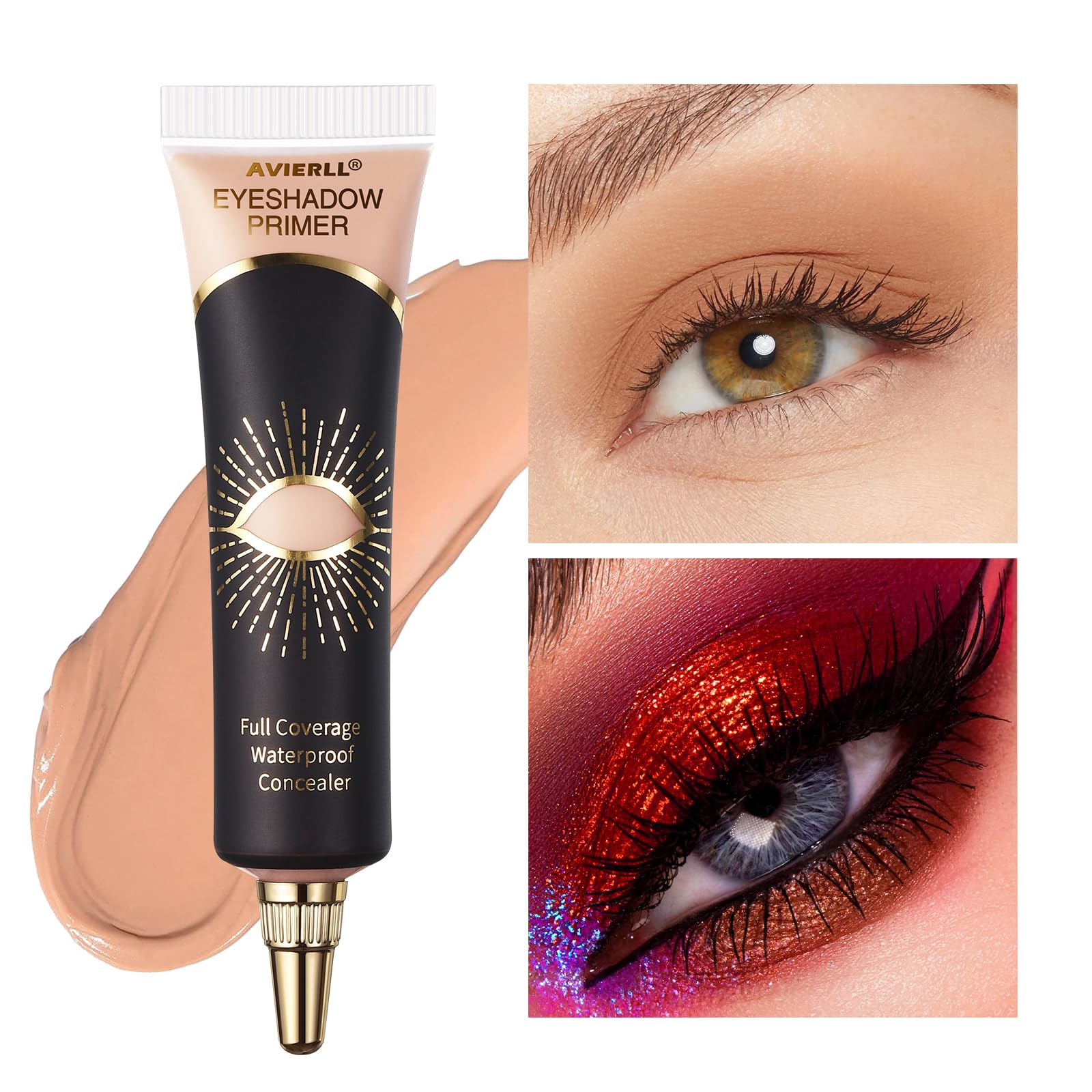 Waterproof eyeshadow base packaging with full coverage product details.