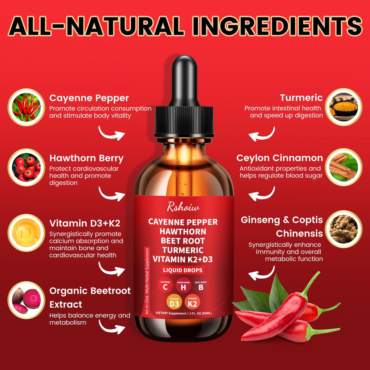 Back label of Rshoiw vegan dietary drops detailing Vitamin D3 and K2 info