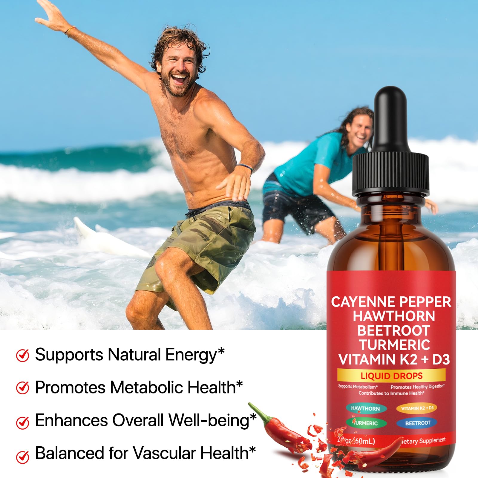Rulviou botanical liquid supplement dropper bottle detailing ingredients like hawthorn berry and beetroot.