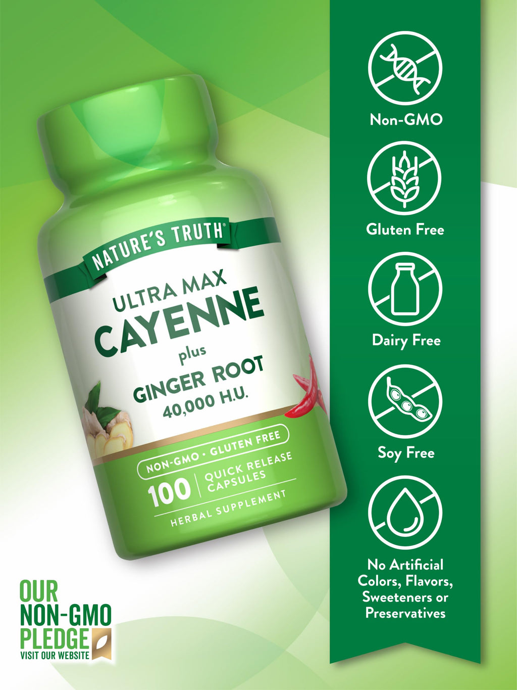Side angle view of Nature's Truth Cayenne plus Ginger Root capsules bottle highlighting the herbal complex formula.