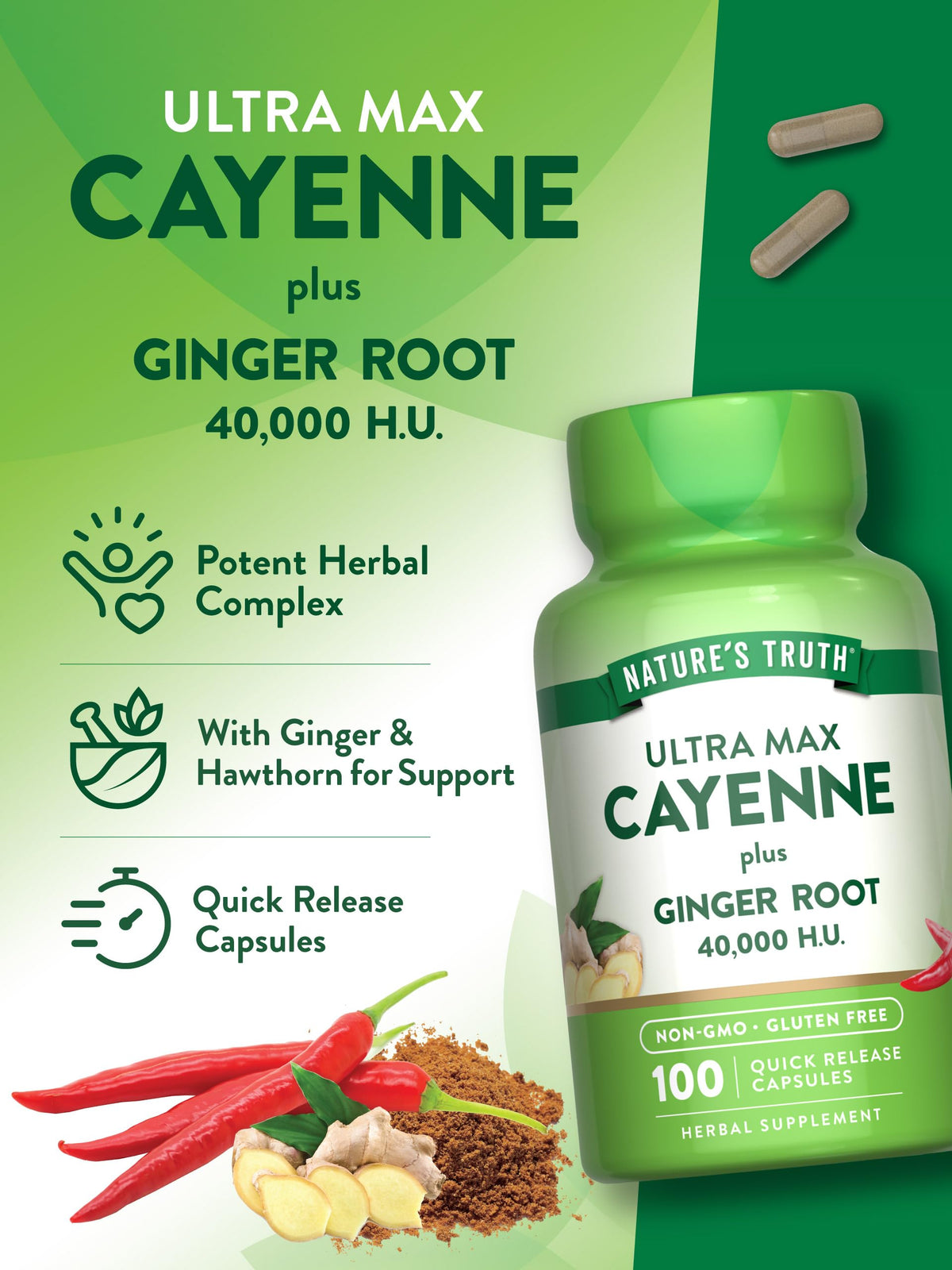 Nature's Truth Cayenne Pepper quick release capsules placed next to the product bottle demonstrating capsule size.