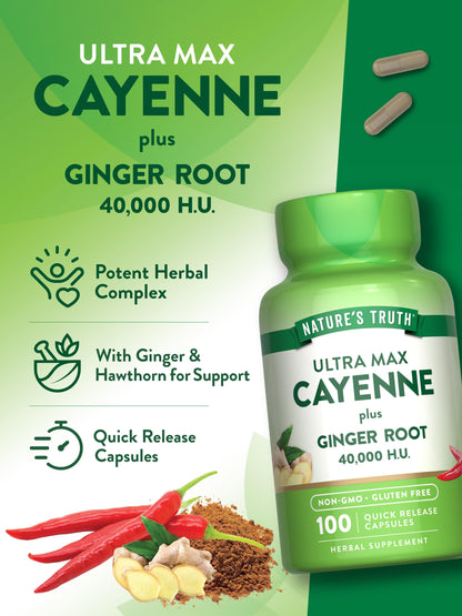 Nature's Truth Cayenne Pepper quick release capsules placed next to the product bottle demonstrating capsule size.