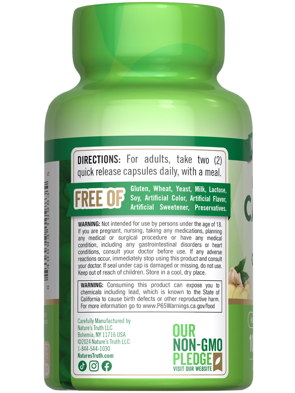 Nature's Truth imported herbal supplement bottle showcasing the gluten free and allergen free product features.