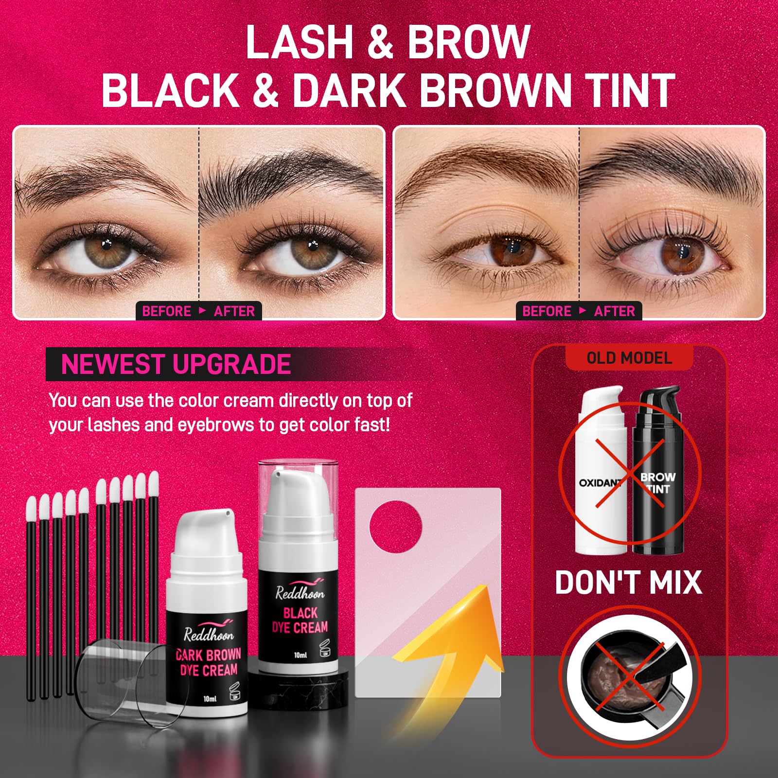 Close up view of the black and dark brown tint solutions included in the professional eye grooming kit.