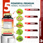 Back label of Tenmido capsules showcasing turmeric ginger tulsi ingredients list