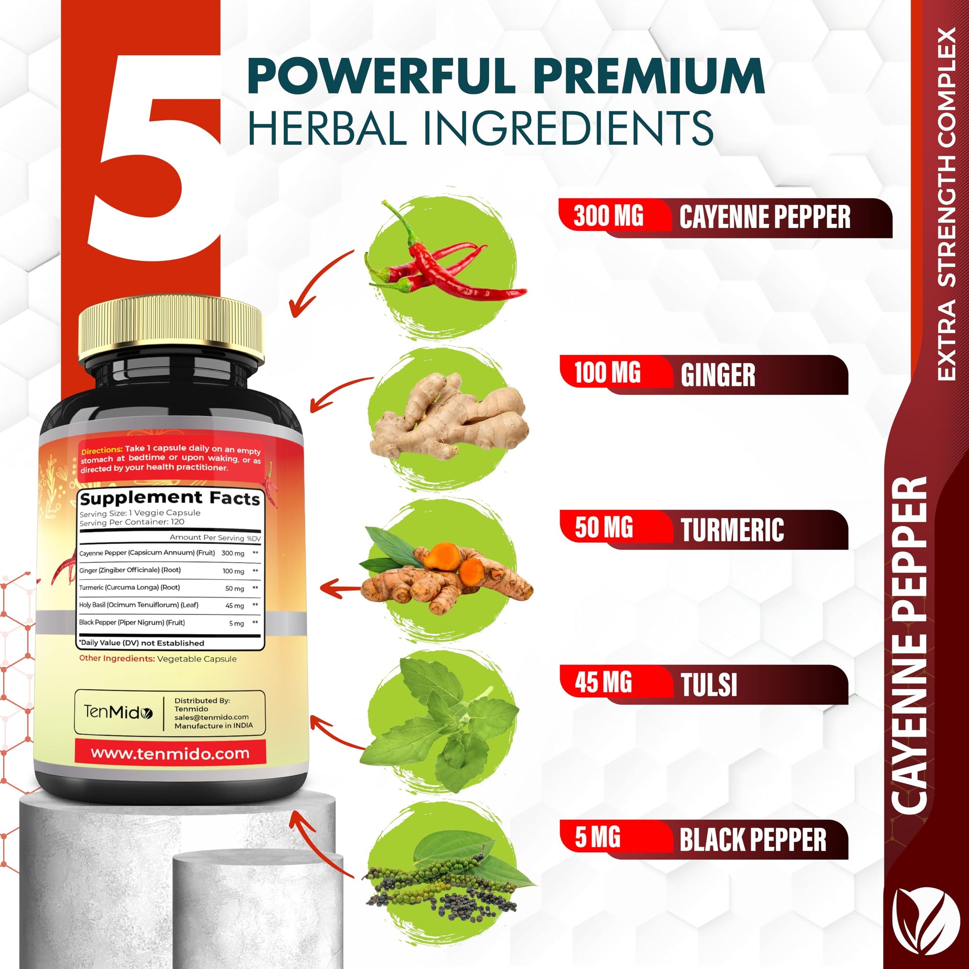 Back label of Tenmido capsules showcasing turmeric ginger tulsi ingredients list