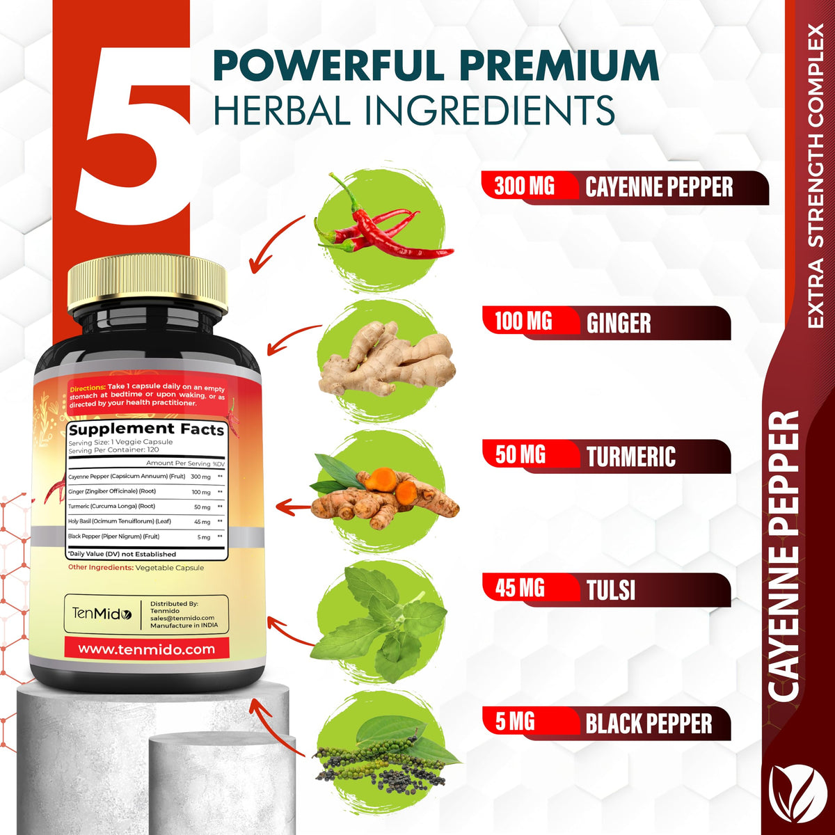 Back label of Tenmido capsules showcasing turmeric ginger tulsi ingredients list