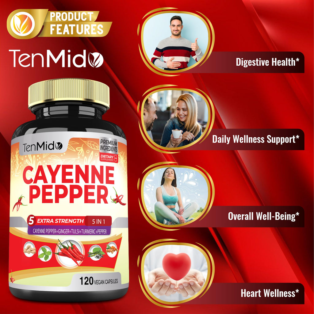 Tenmido cayenne extract supplement showing GMP and ISO quality certifications