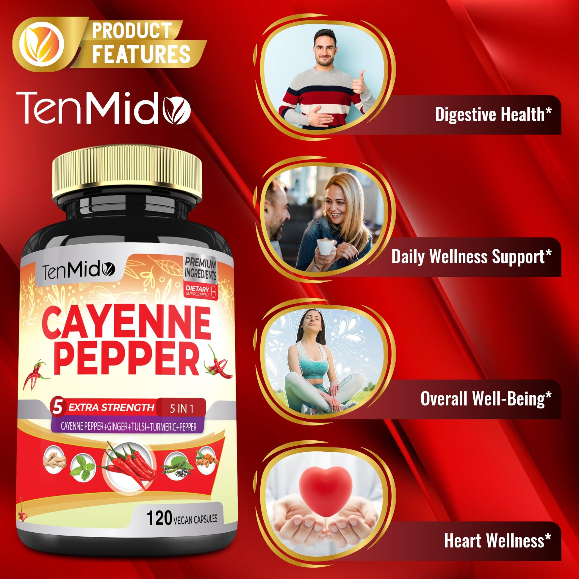 Tenmido cayenne extract supplement showing GMP and ISO quality certifications