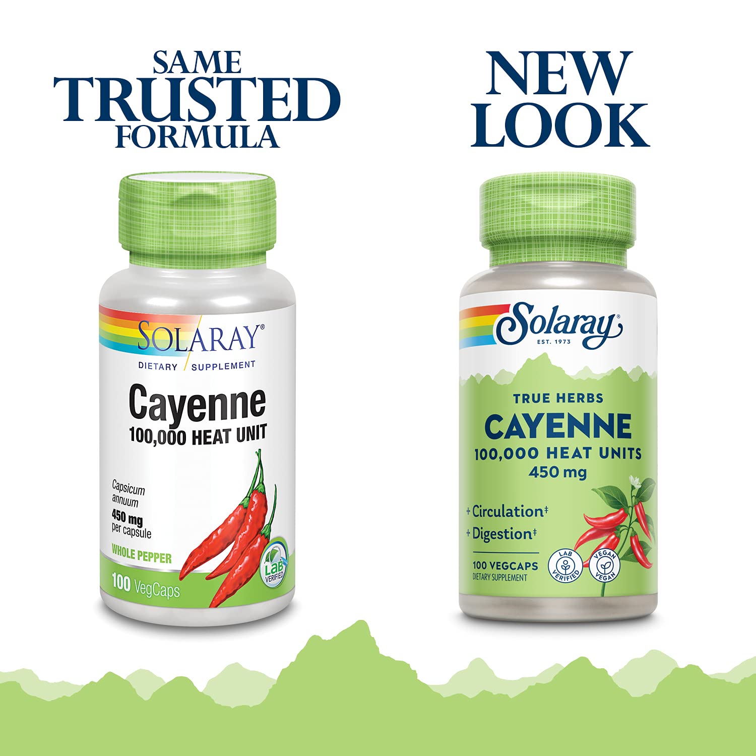 Solaray Cayenne Pepper 450 mg vegan dietary supplement side label displaying capsaicin serving facts.