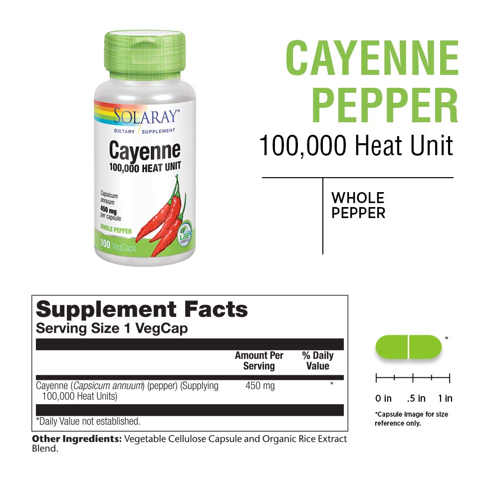 Solaray Cayenne 100,000 HU imported circulation care pills showing pure botanical ingredients list.