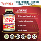 Vegan allergen free product labels on the side of Tenmido Cayenne Pepper bottle