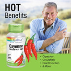 Authentic Solaray extra hot cayenne pepper supplement bottle angled view showing non-GMO lab verified seal.