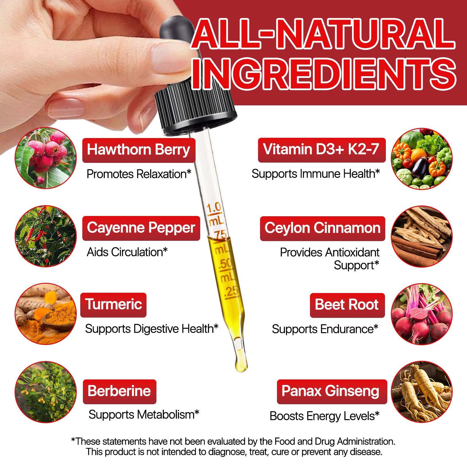 Side view of Beyxdu Cayenne Liquid Drops highlighting the botanical ingredients and sublingual usage instructions.
